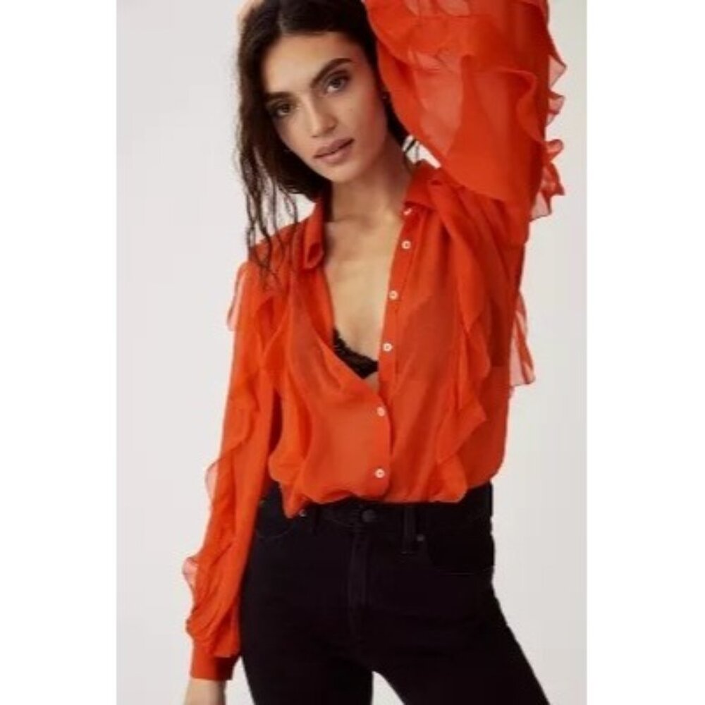 237. Maeve Ruffle Buttondown Blouse Orange Small